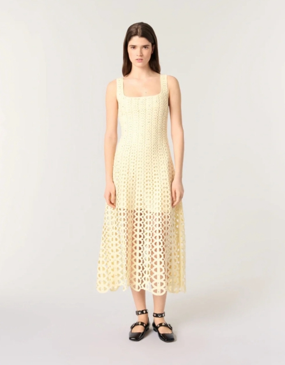 🤍Maje Cream Crochet Sleeveless Midi Dress Square Neck Cutout Lace